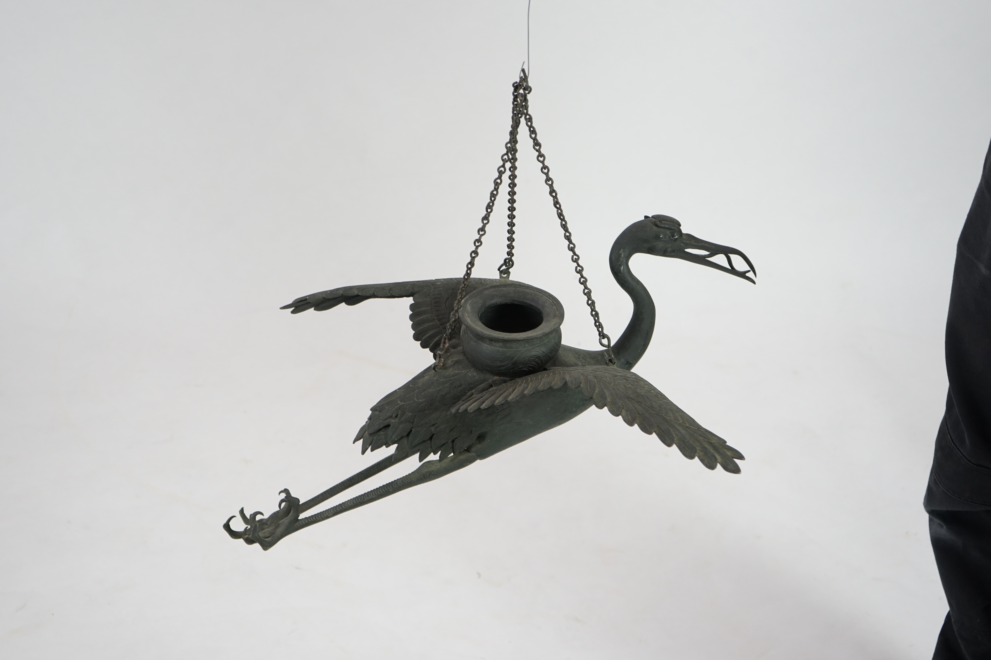 A large Japanese bronze ‘crane’ hanging lamp, 19th century